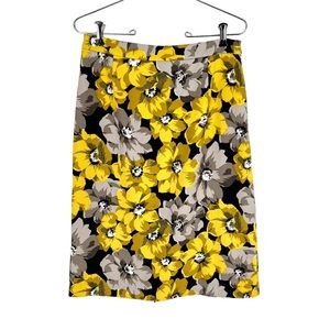 Who What Wear Pencil Skirt Size 4 Yellow Gray Bold Floral Pleat Hem Accent